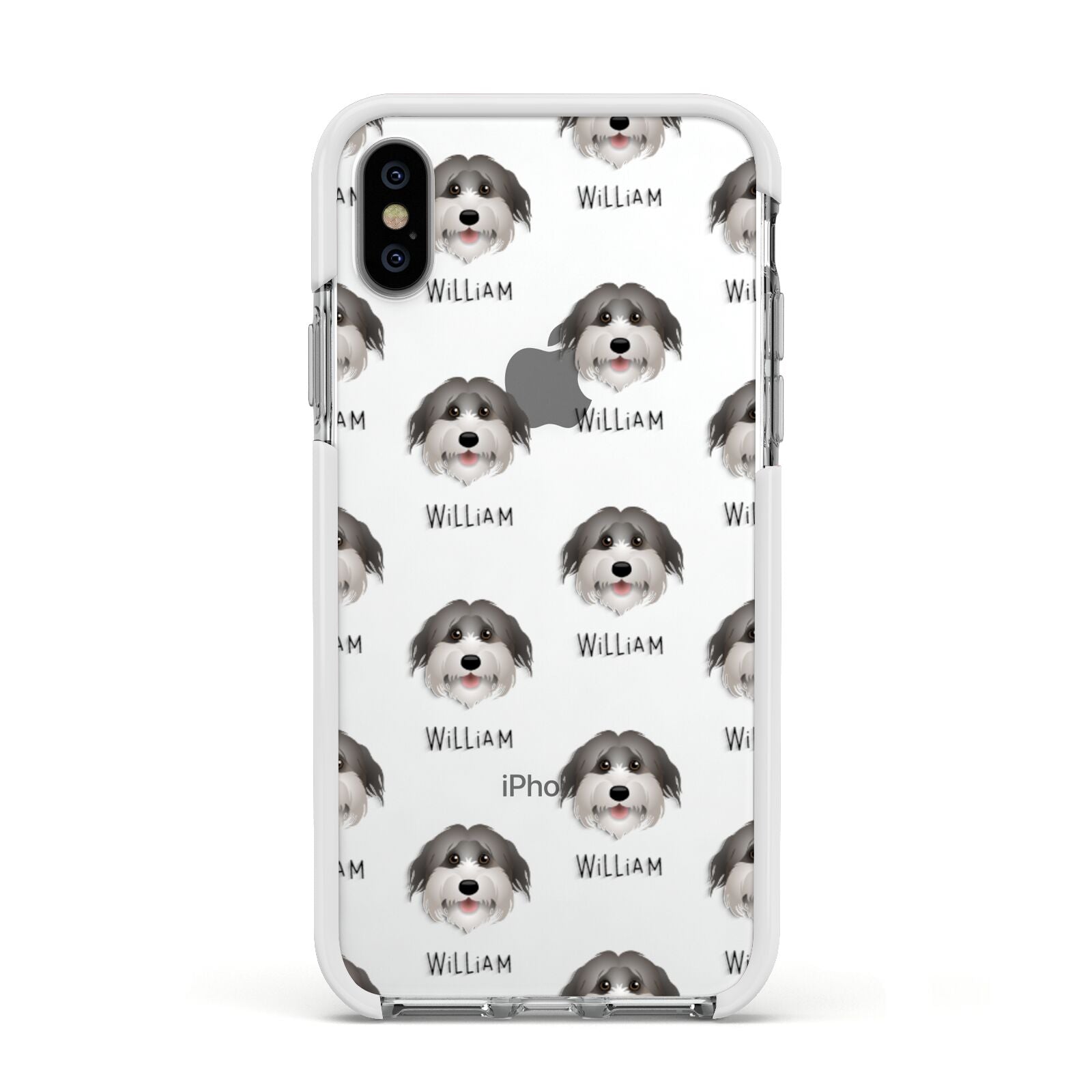 Pyrenean Shepherd Icon with Name Apple iPhone Xs Impact Case White Edge on Silver Phone