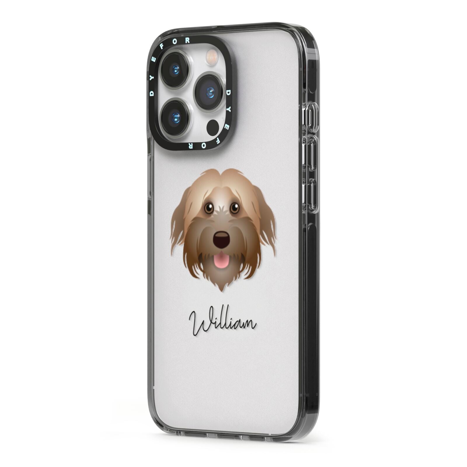 Pyrenean Shepherd Personalised iPhone 13 Pro Black Impact Case Side Angle on Silver phone