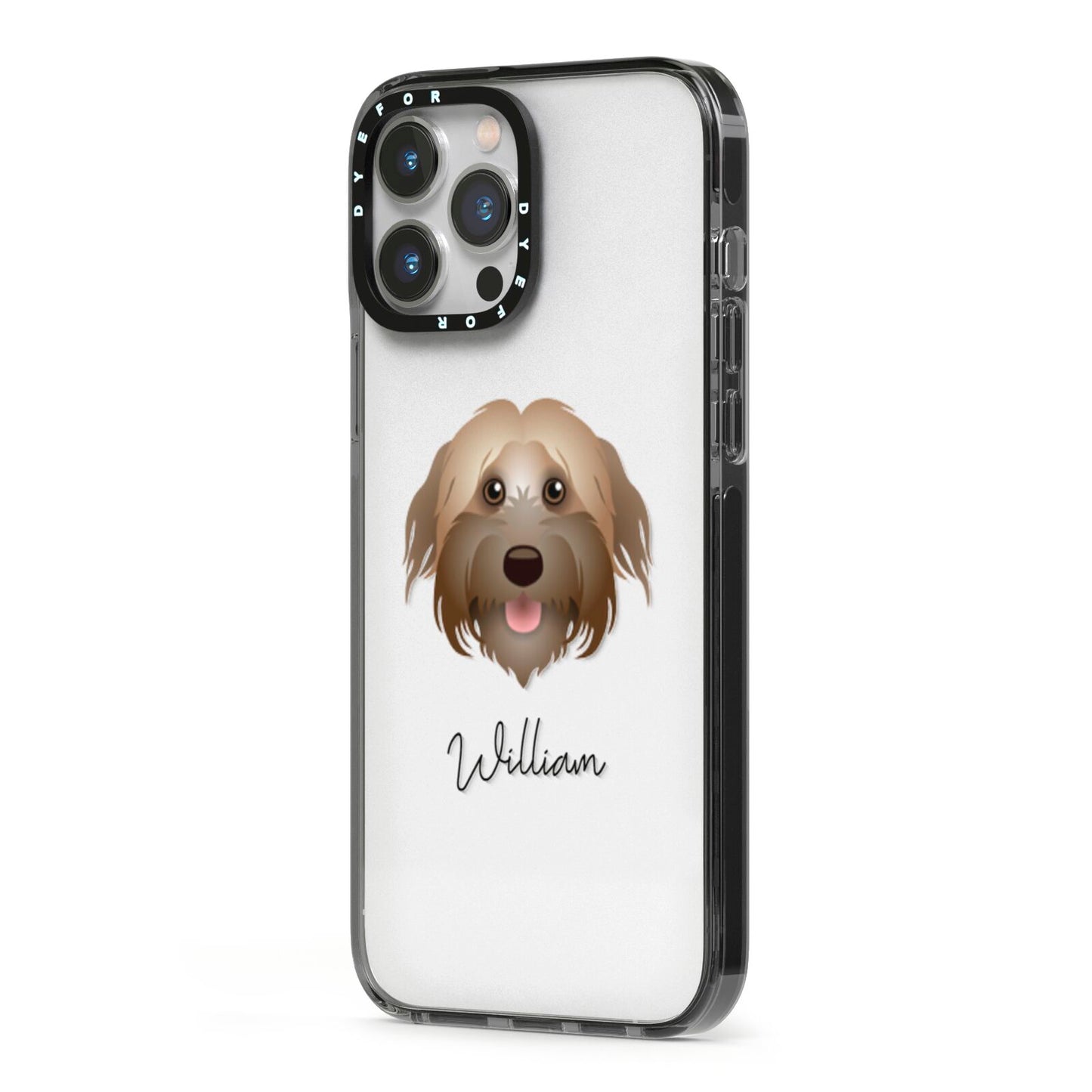 Pyrenean Shepherd Personalised iPhone 13 Pro Max Black Impact Case Side Angle on Silver phone