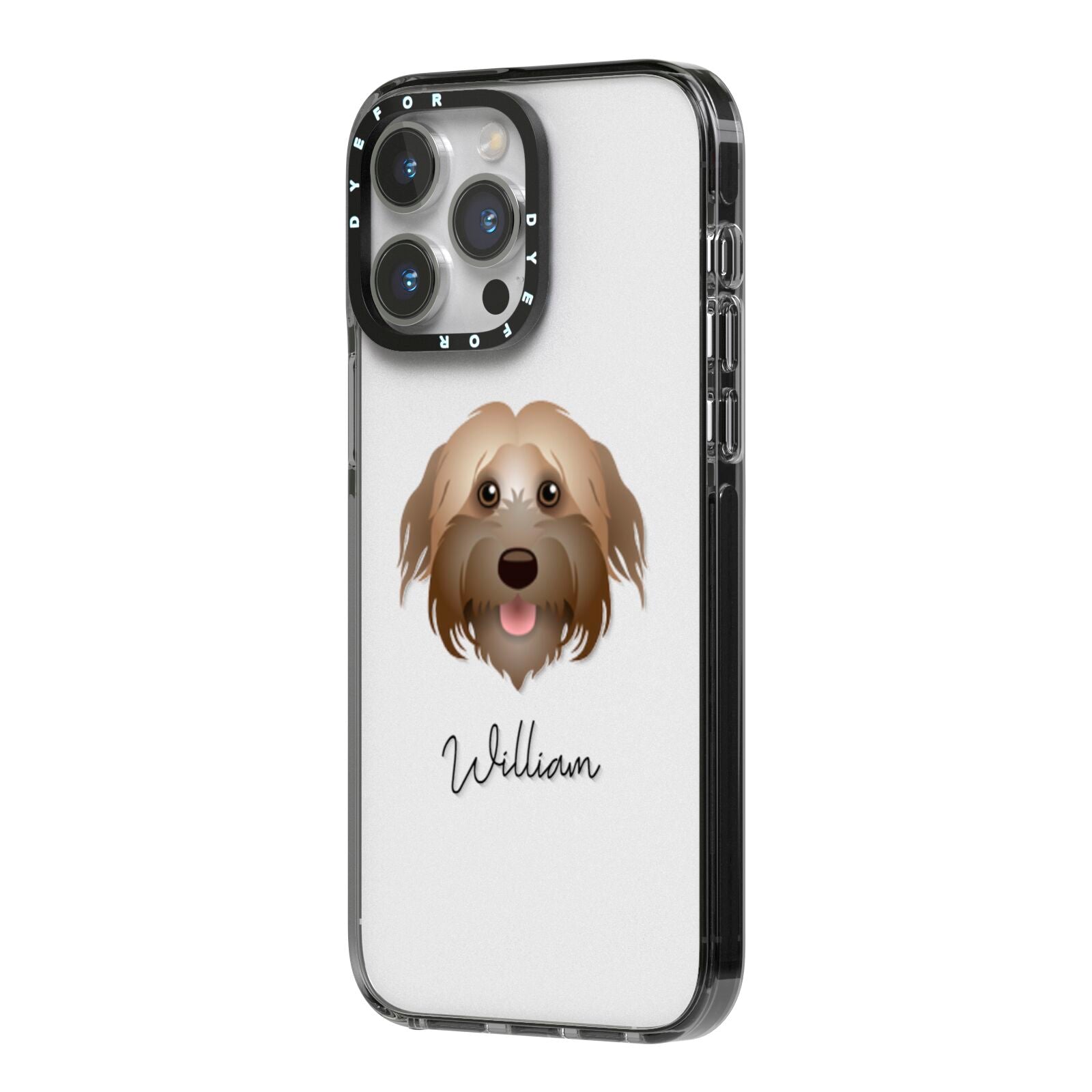 Pyrenean Shepherd Personalised iPhone 14 Pro Max Black Impact Case Side Angle on Silver phone