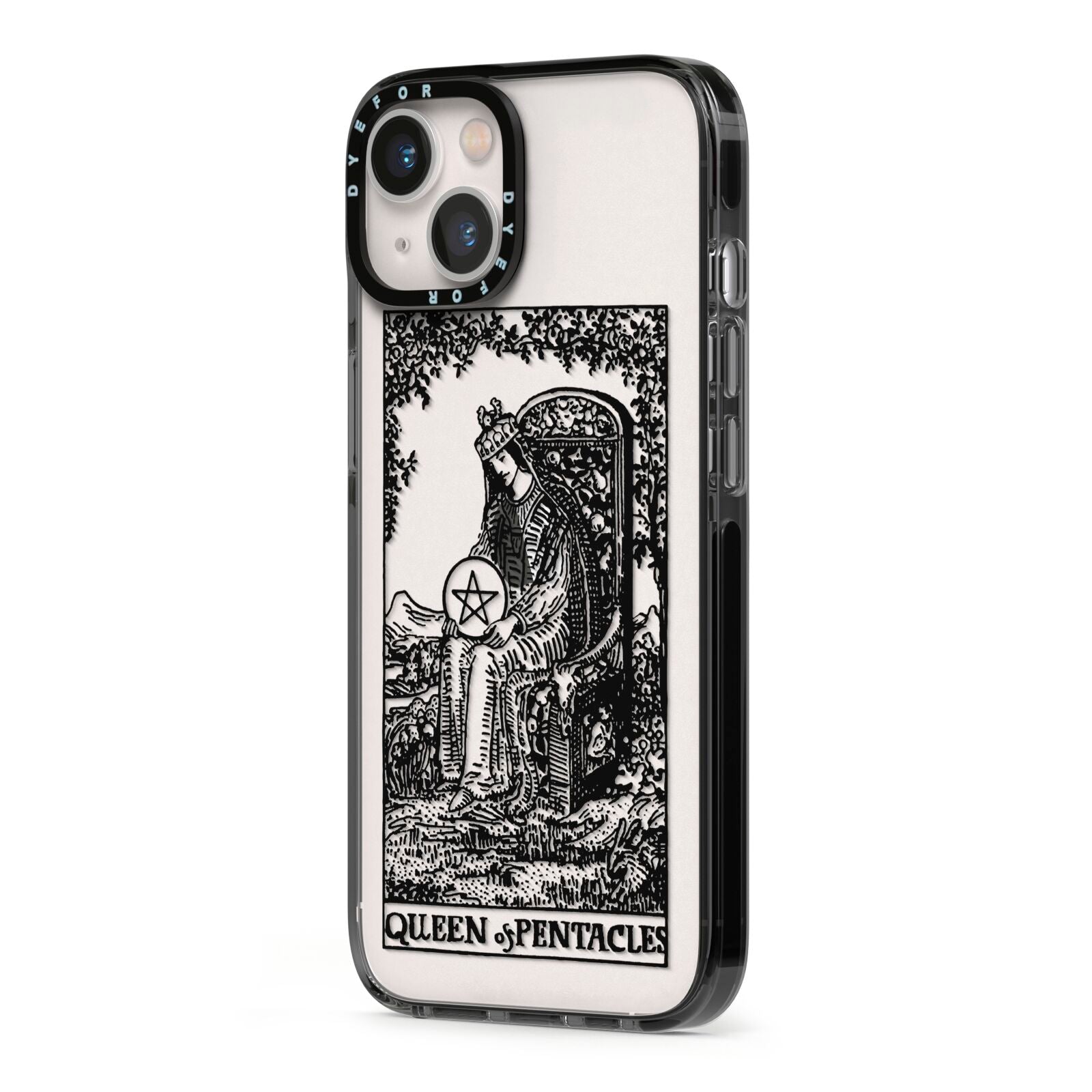 Queen of Pentacles Monochrome iPhone 13 Black Impact Case Side Angle on Silver phone
