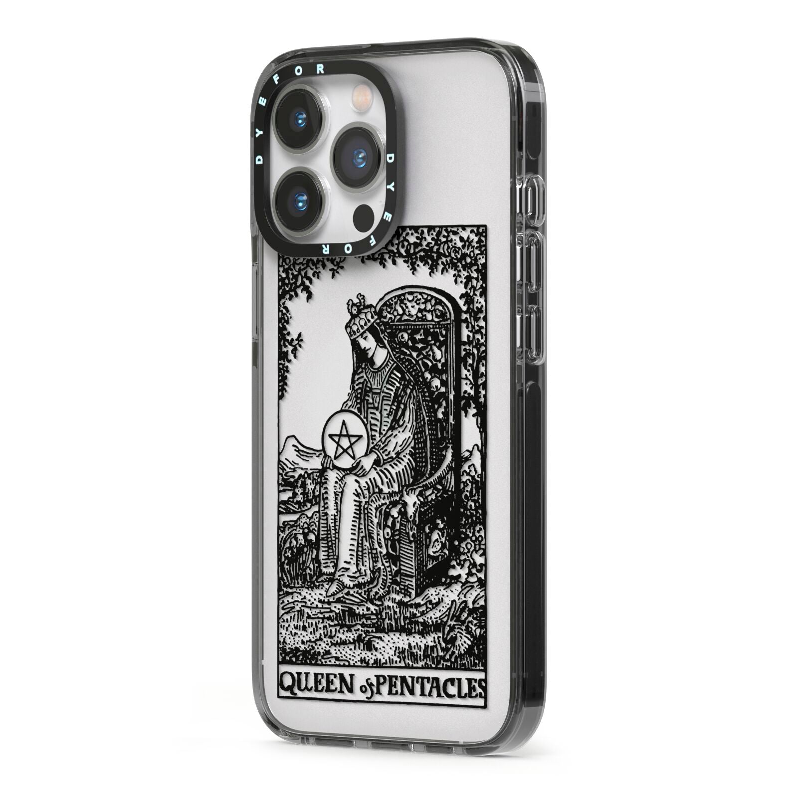 Queen of Pentacles Monochrome iPhone 13 Pro Black Impact Case Side Angle on Silver phone