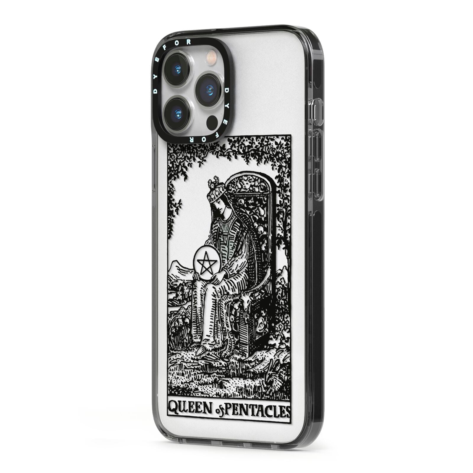 Queen of Pentacles Monochrome iPhone 13 Pro Max Black Impact Case Side Angle on Silver phone