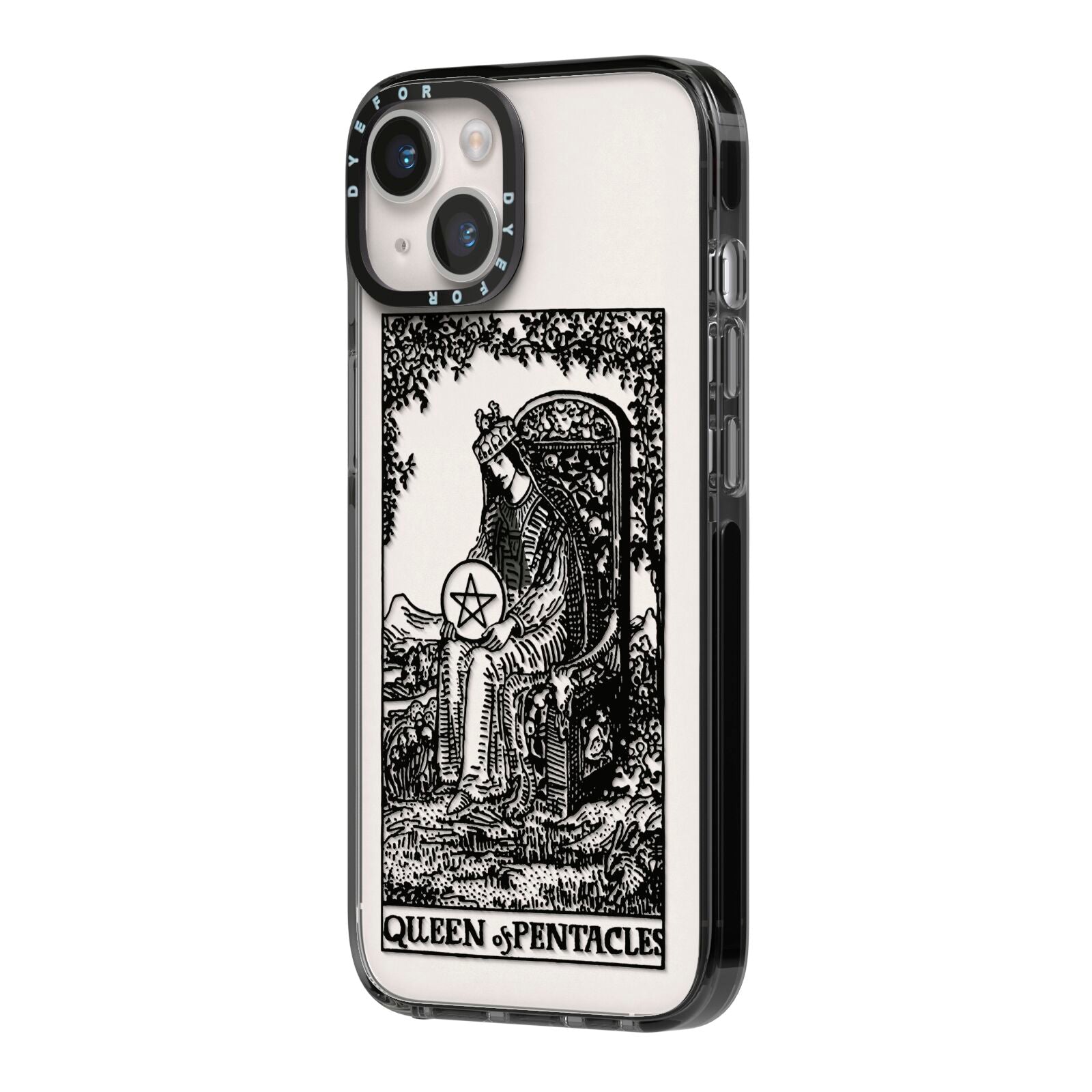 Queen of Pentacles Monochrome iPhone 14 Black Impact Case Side Angle on Silver phone