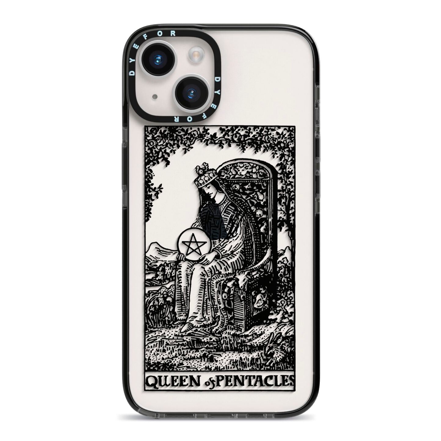 Queen of Pentacles Monochrome iPhone 14 Black Impact Case on Silver phone