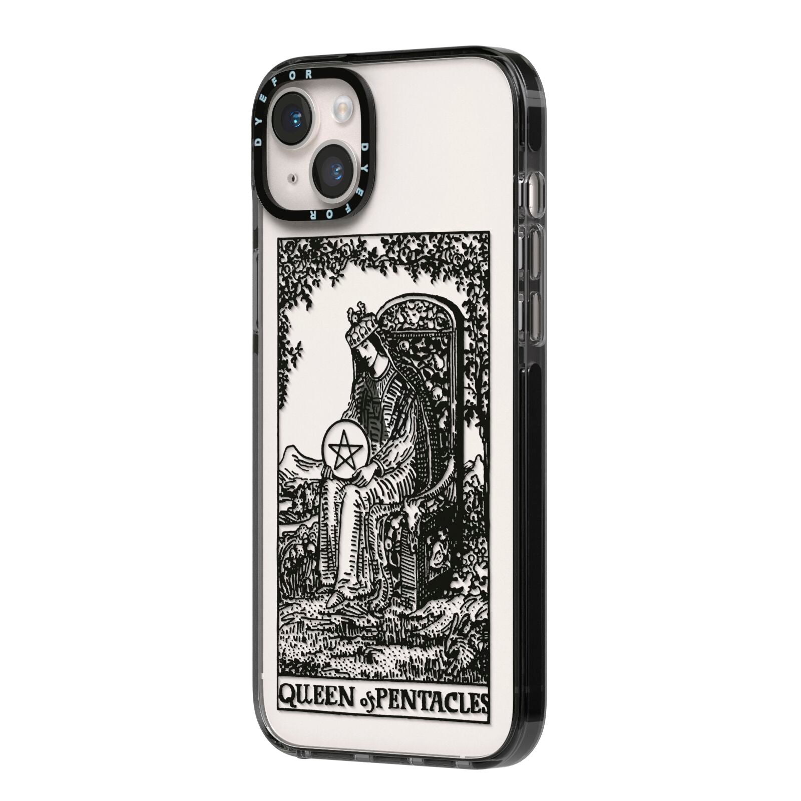 Queen of Pentacles Monochrome iPhone 14 Plus Black Impact Case Side Angle on Silver phone