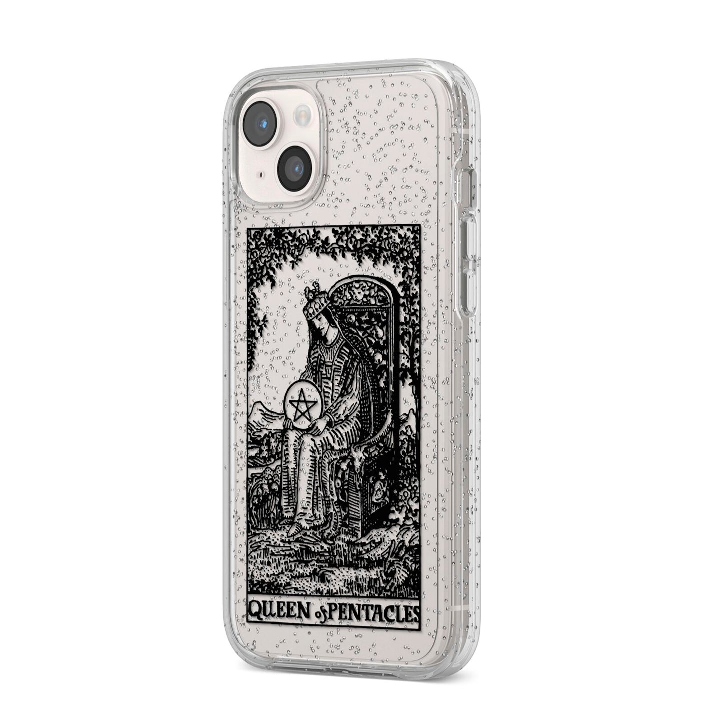 Queen of Pentacles Monochrome iPhone 14 Plus Glitter Tough Case Starlight Angled Image