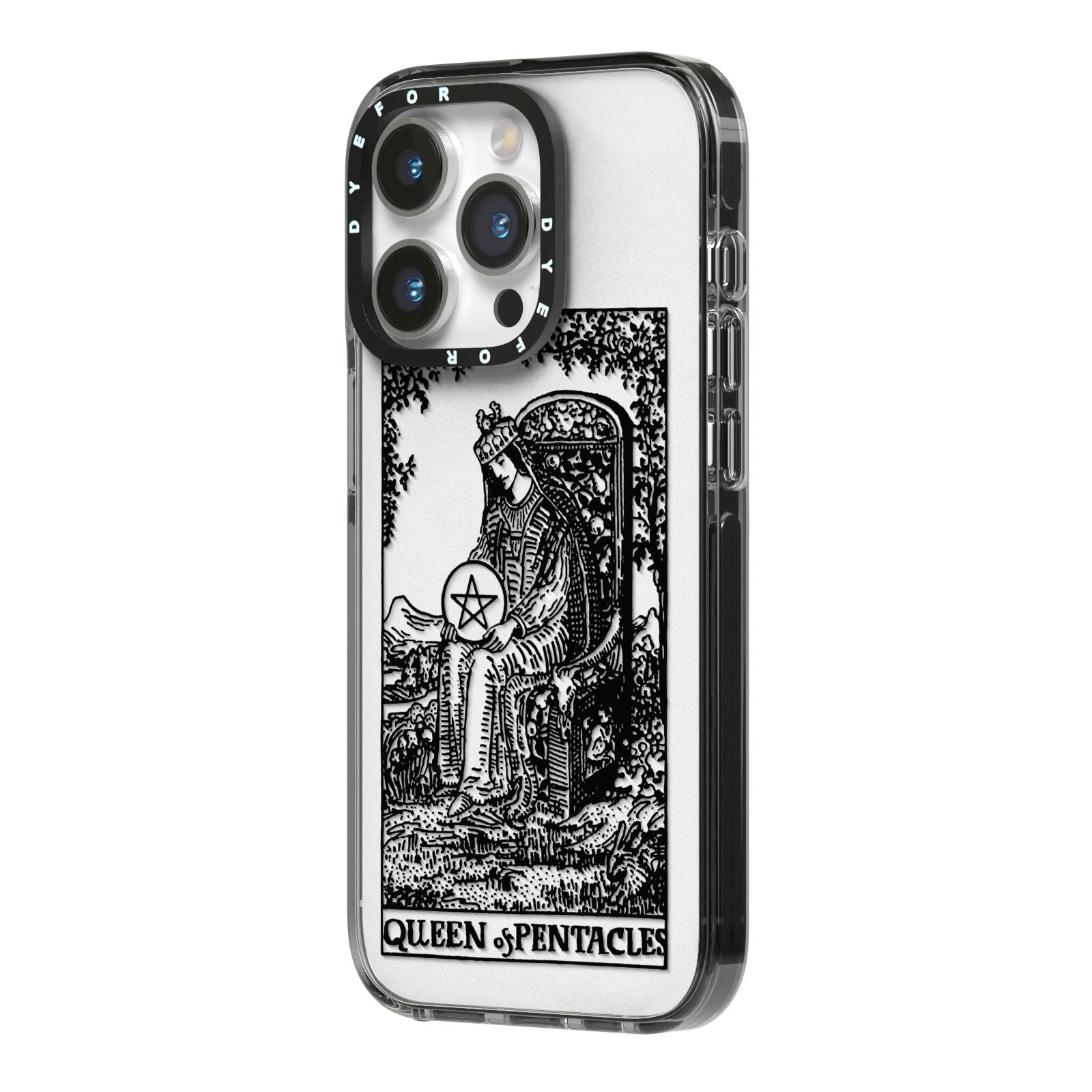Queen of Pentacles Monochrome iPhone 14 Pro Black Impact Case Side Angle on Silver phone