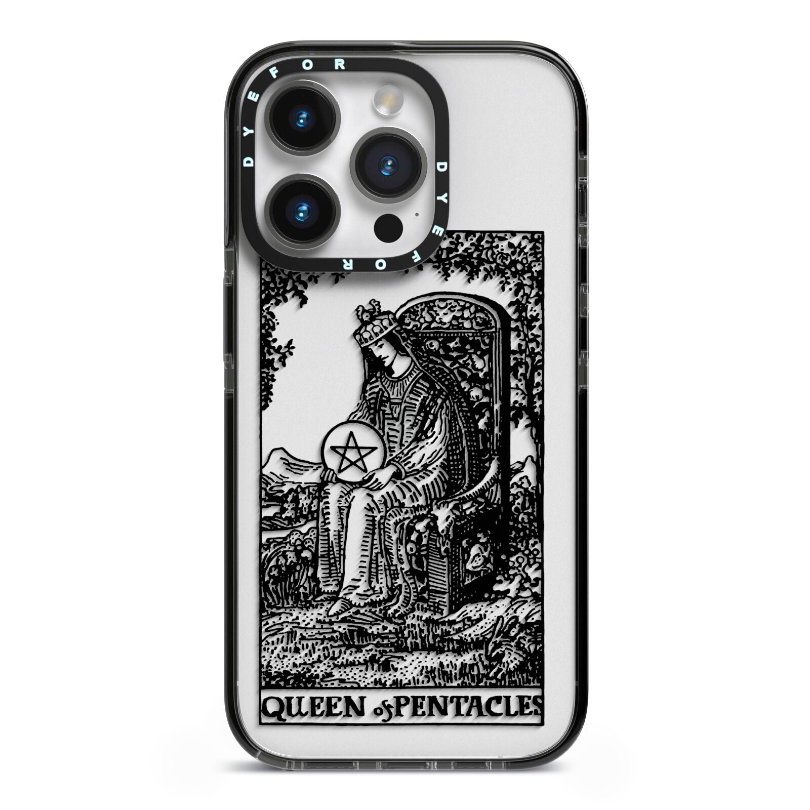 Queen of Pentacles Monochrome iPhone 14 Pro Black Impact Case on Silver phone