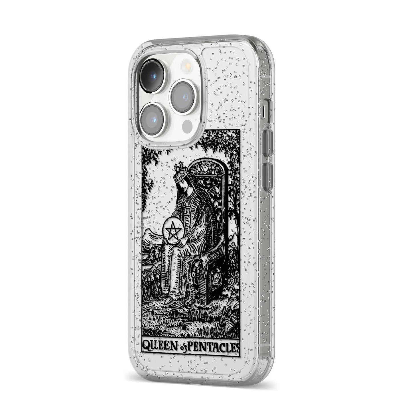 Queen of Pentacles Monochrome iPhone 14 Pro Glitter Tough Case Silver Angled Image