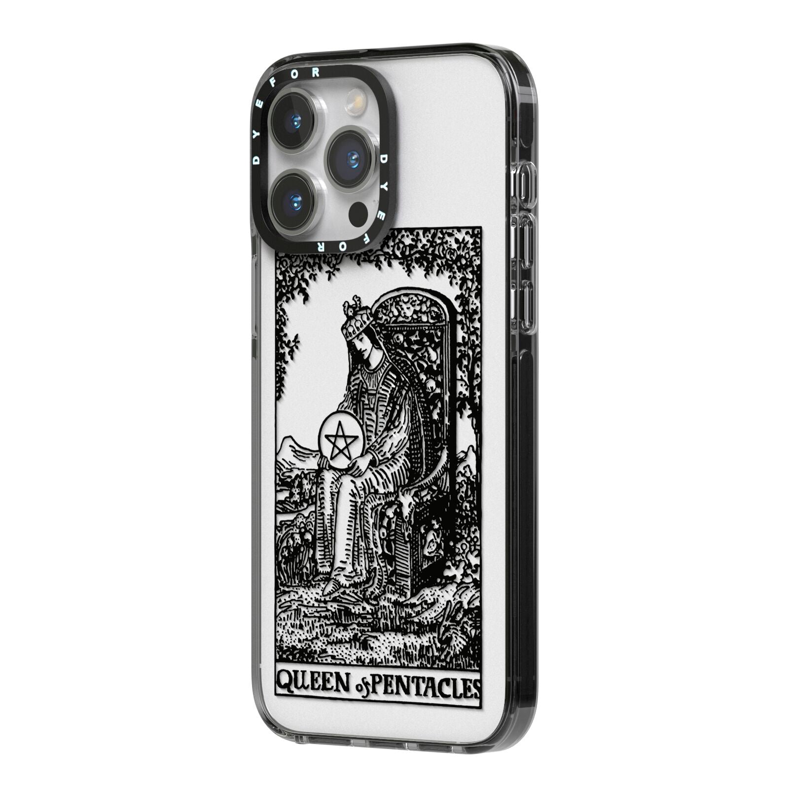 Queen of Pentacles Monochrome iPhone 14 Pro Max Black Impact Case Side Angle on Silver phone