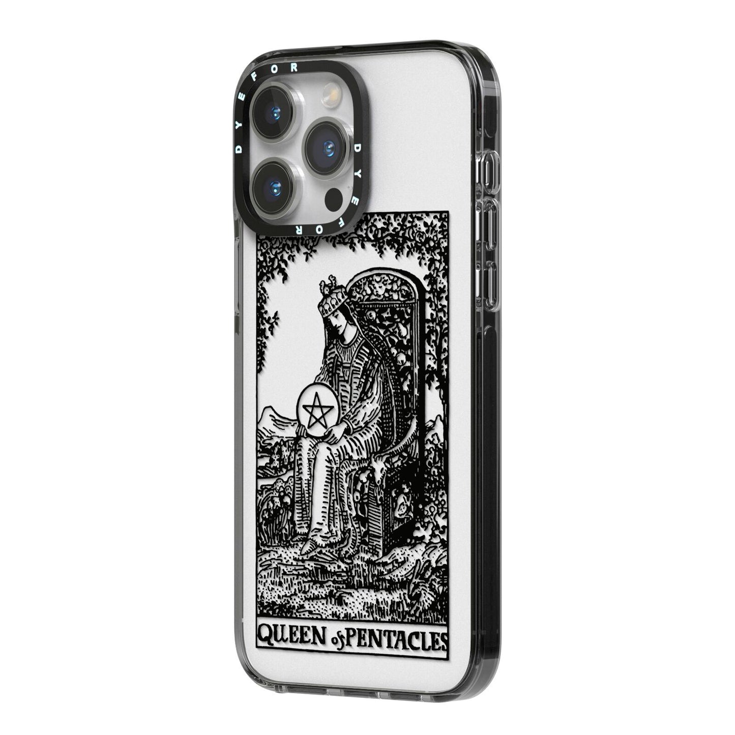 Queen of Pentacles Monochrome iPhone 14 Pro Max Black Impact Case Side Angle on Silver phone