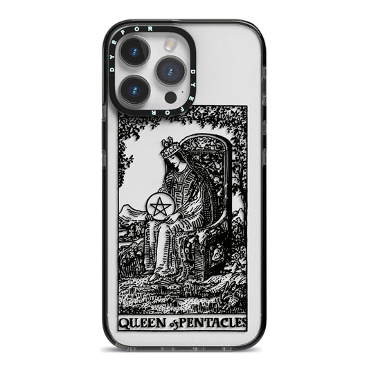 Queen of Pentacles Monochrome iPhone 14 Pro Max Black Impact Case on Silver phone