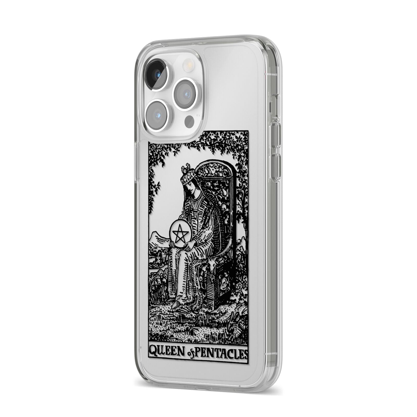 Queen of Pentacles Monochrome iPhone 14 Pro Max Clear Tough Case Silver Angled Image