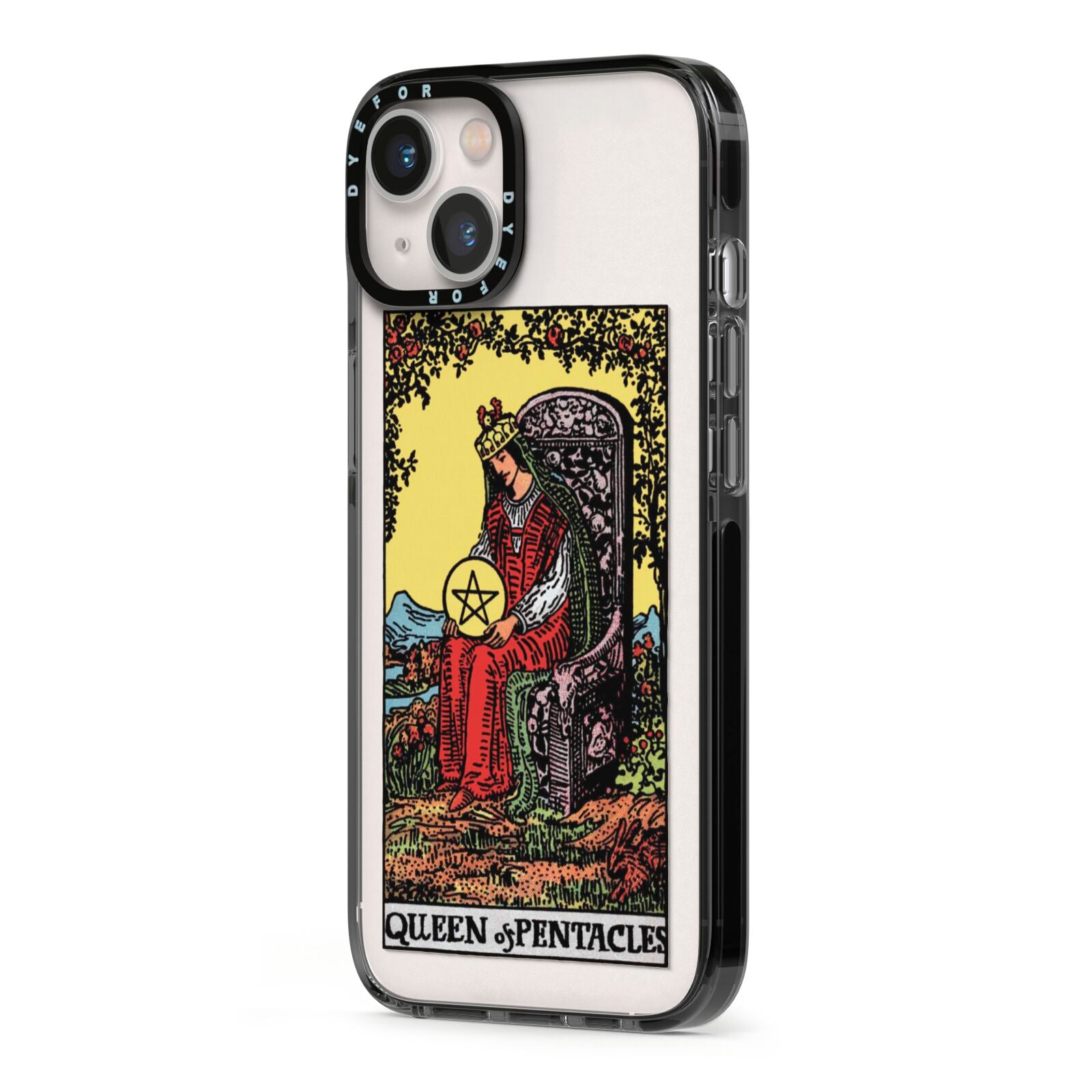 Queen of Pentacles Tarot Card iPhone 13 Black Impact Case Side Angle on Silver phone
