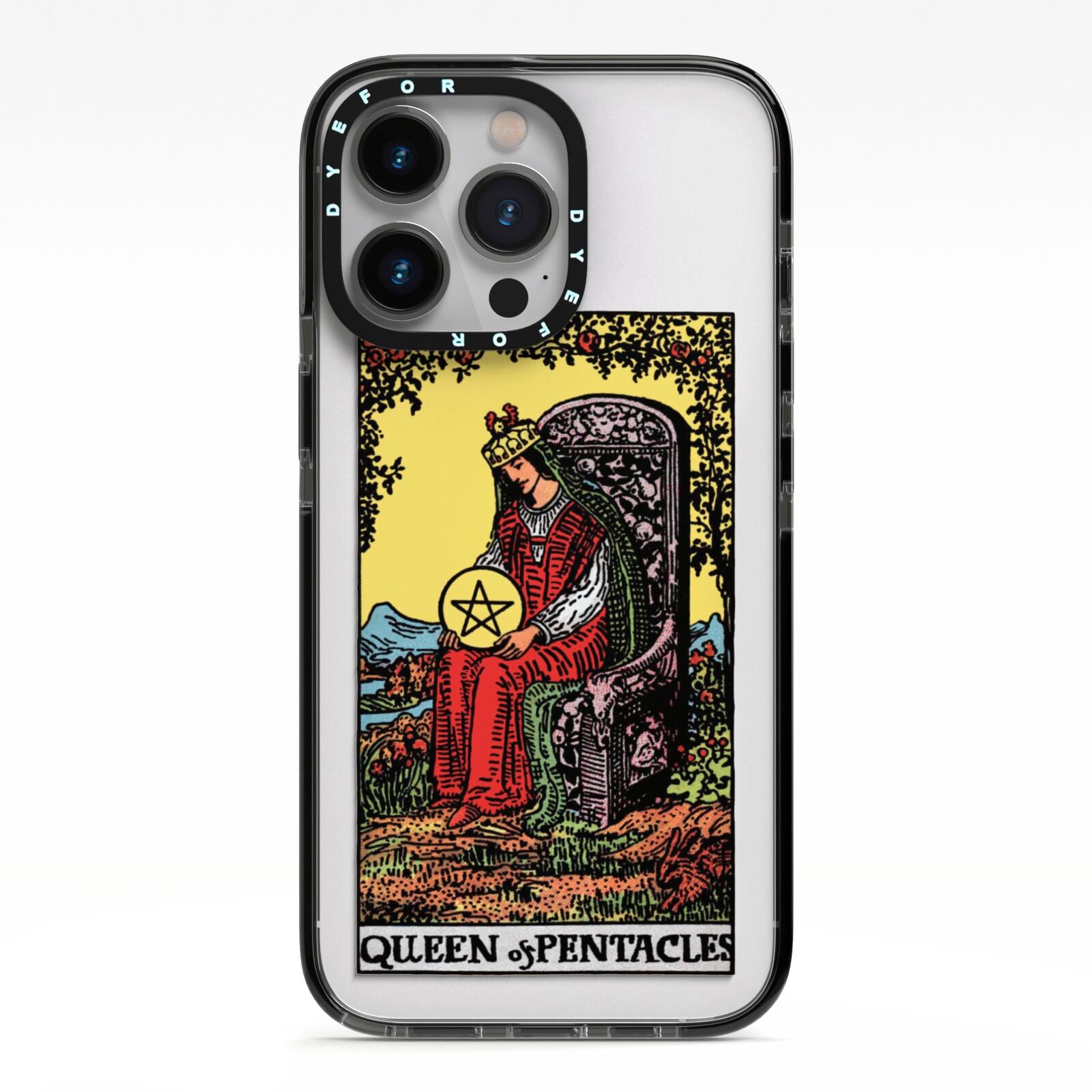 Queen of Pentacles Tarot Card iPhone 13 Pro Black Impact Case on Silver phone
