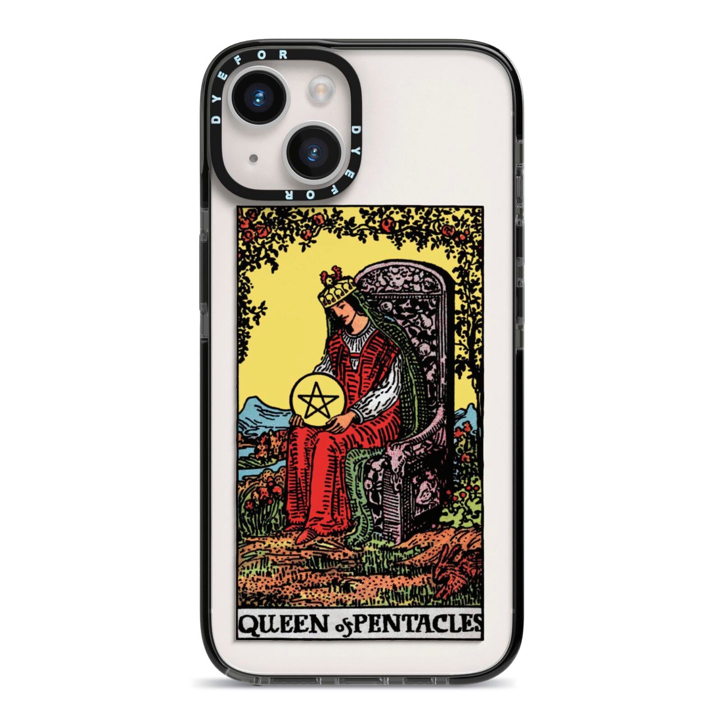 Queen of Pentacles Tarot Card iPhone 14 Black Impact Case on Silver phone
