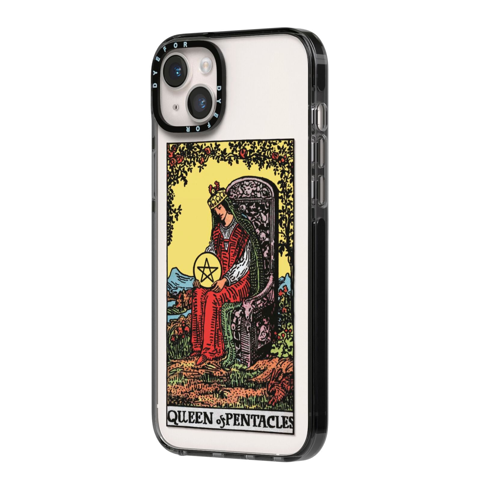 Queen of Pentacles Tarot Card iPhone 14 Plus Black Impact Case Side Angle on Silver phone