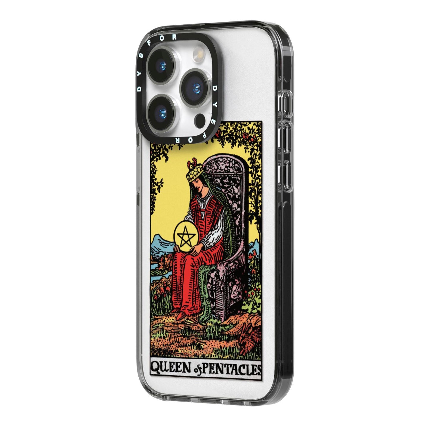 Queen of Pentacles Tarot Card iPhone 14 Pro Black Impact Case Side Angle on Silver phone