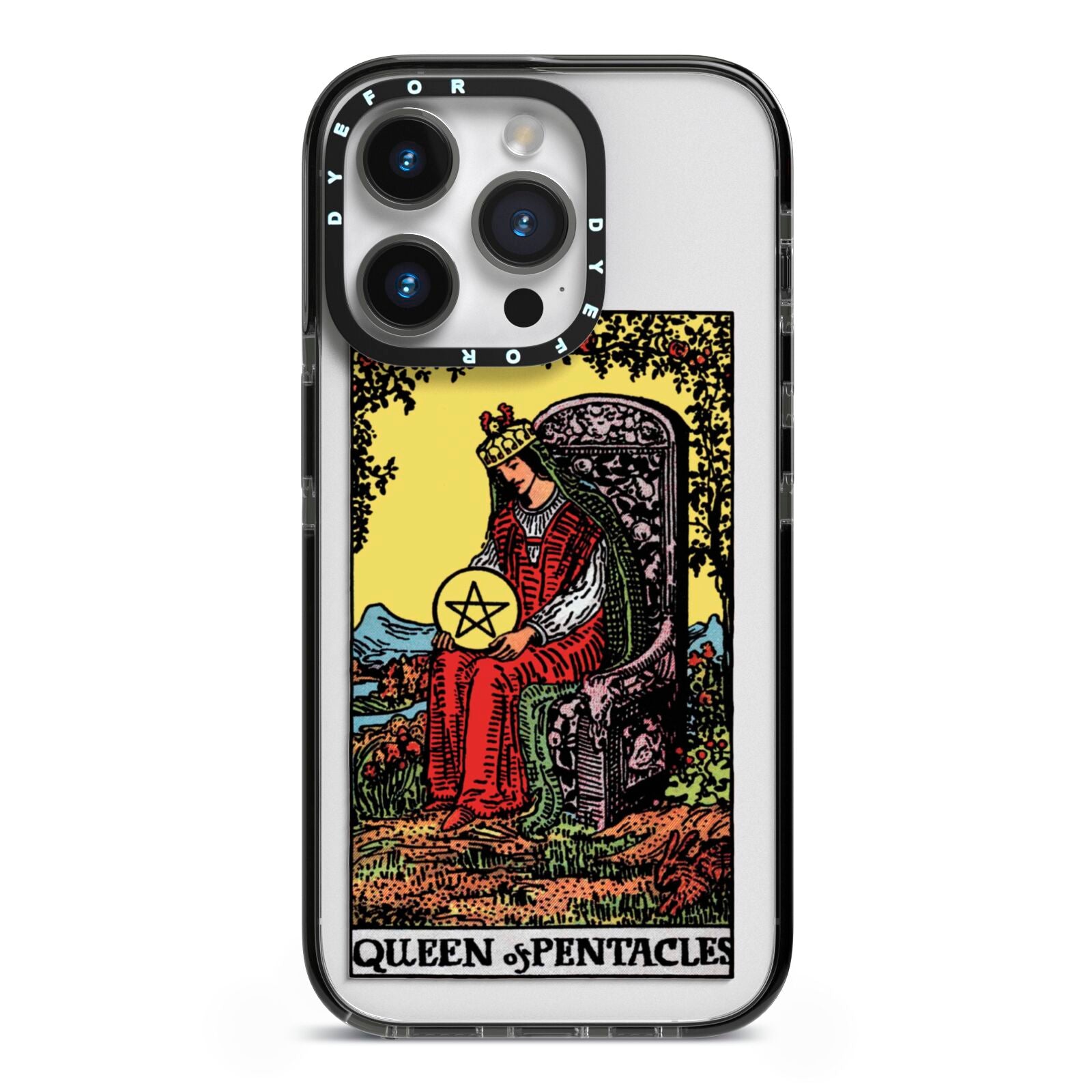 Queen of Pentacles Tarot Card iPhone 14 Pro Black Impact Case on Silver phone