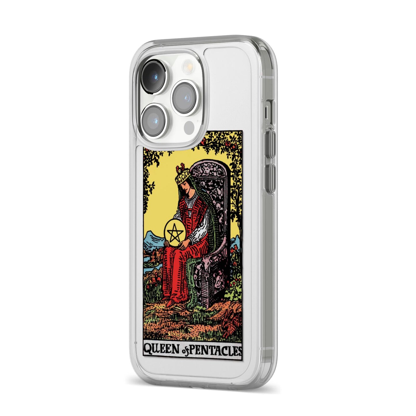 Queen of Pentacles Tarot Card iPhone 14 Pro Clear Tough Case Silver Angled Image