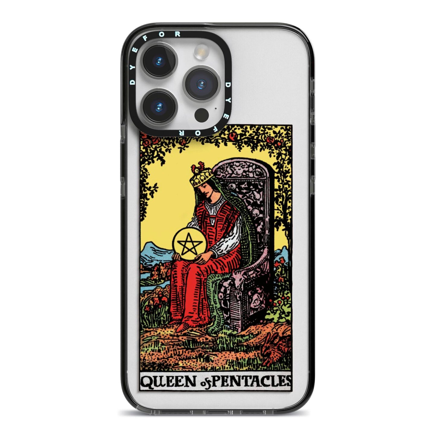 Queen of Pentacles Tarot Card iPhone 14 Pro Max Black Impact Case on Silver phone