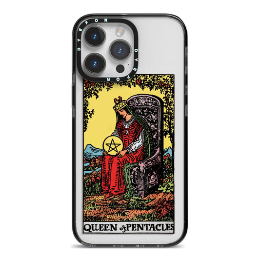 Queen of Pentacles Tarot Card iPhone 14 Pro Max Black Impact Case on Silver phone