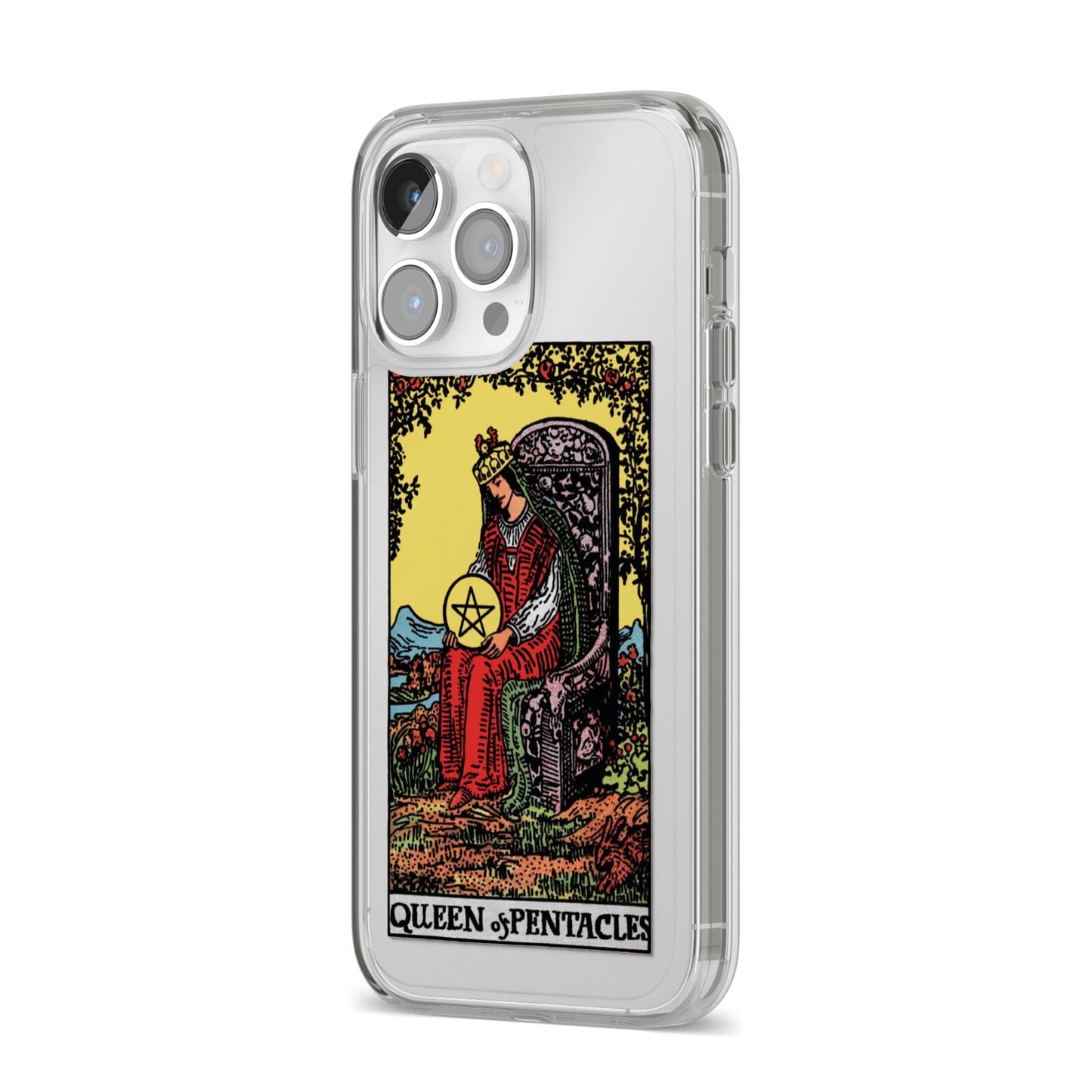 Queen of Pentacles Tarot Card iPhone 14 Pro Max Clear Tough Case Silver Angled Image