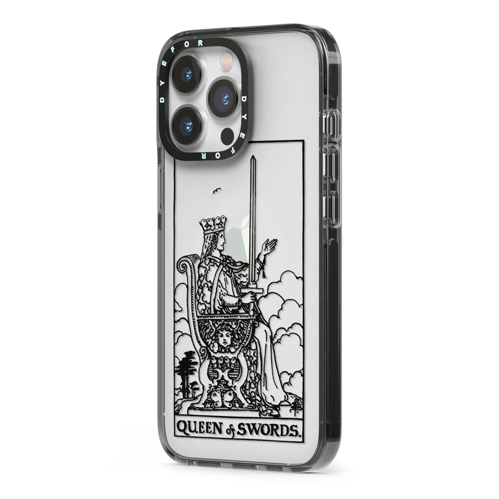 Queen of Swords Monochrome iPhone 13 Pro Black Impact Case Side Angle on Silver phone