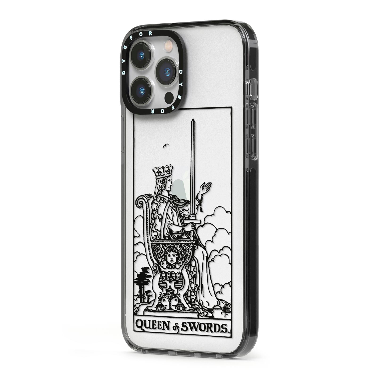 Queen of Swords Monochrome iPhone 13 Pro Max Black Impact Case Side Angle on Silver phone