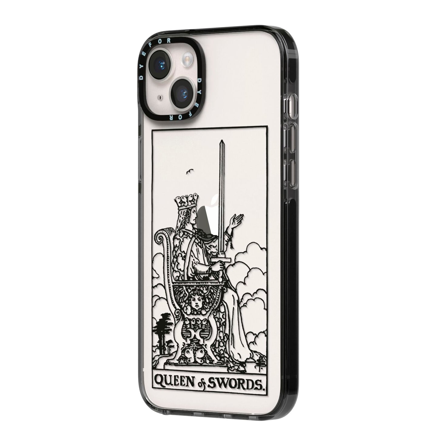 Queen of Swords Monochrome iPhone 14 Plus Black Impact Case Side Angle on Silver phone