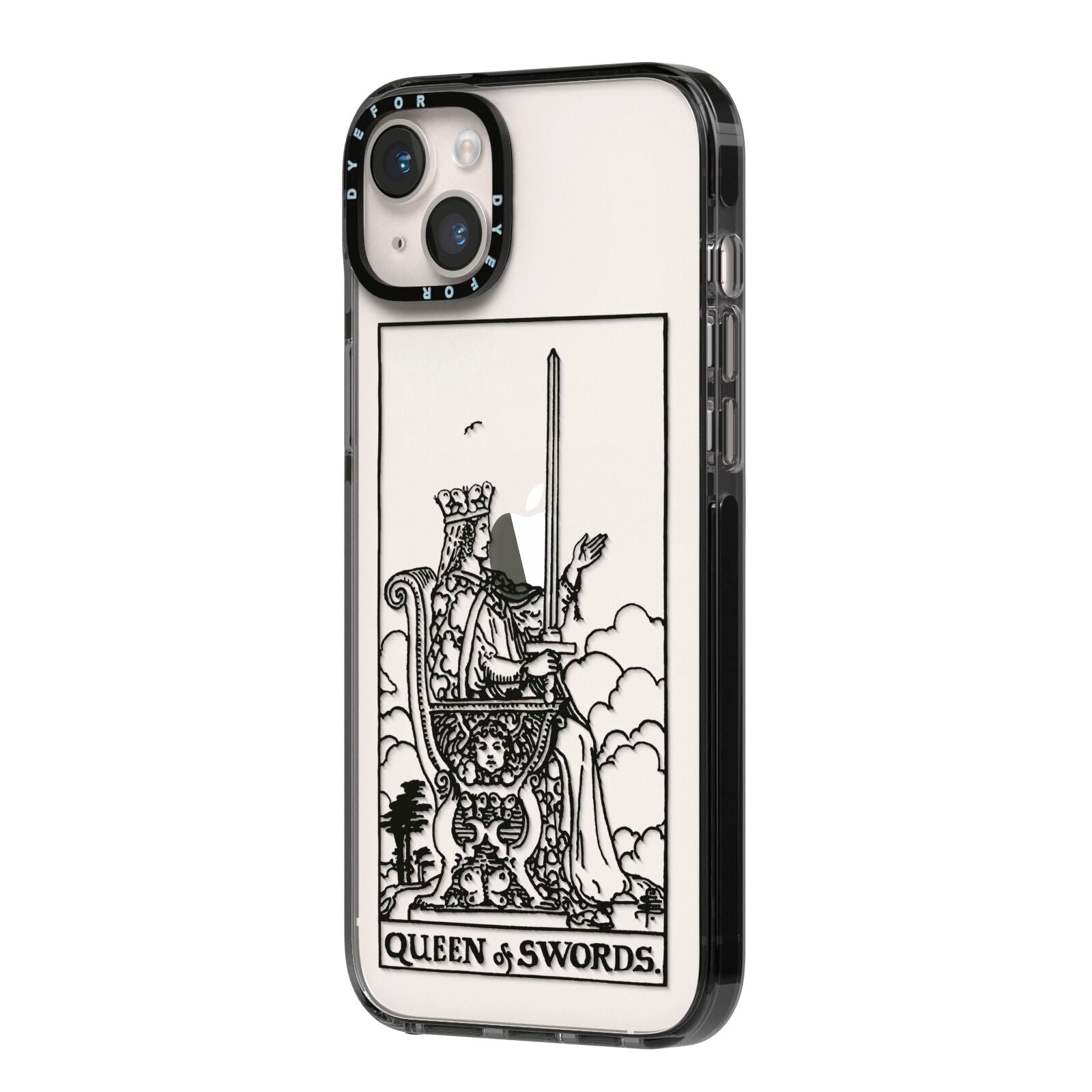 Queen of Swords Monochrome iPhone 14 Plus Black Impact Case Side Angle on Silver phone