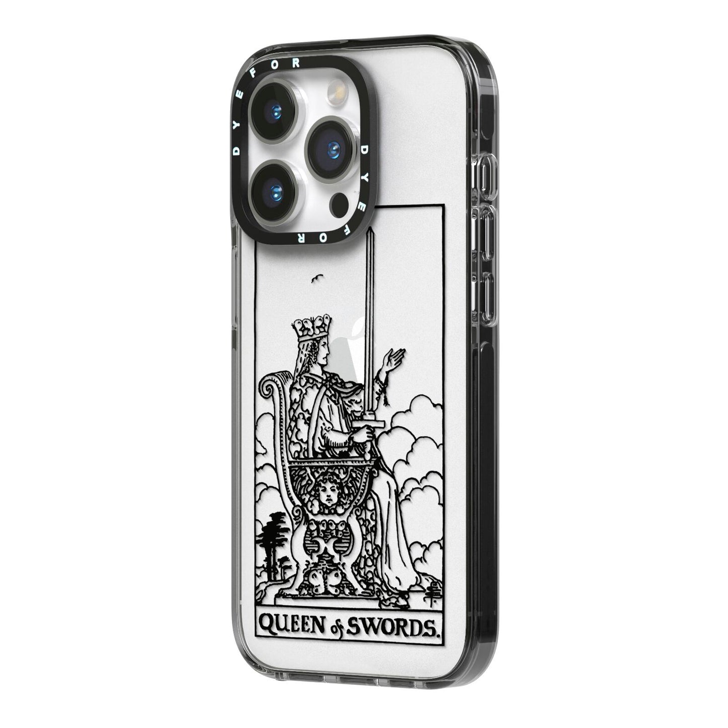 Queen of Swords Monochrome iPhone 14 Pro Black Impact Case Side Angle on Silver phone