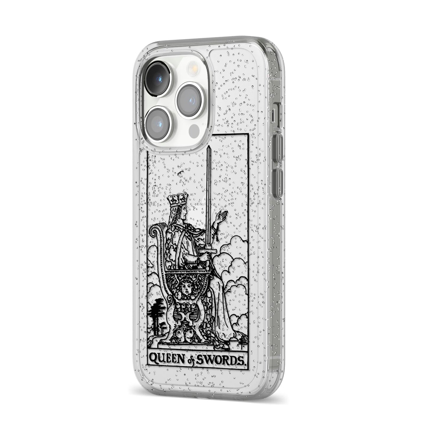 Queen of Swords Monochrome iPhone 14 Pro Glitter Tough Case Silver Angled Image