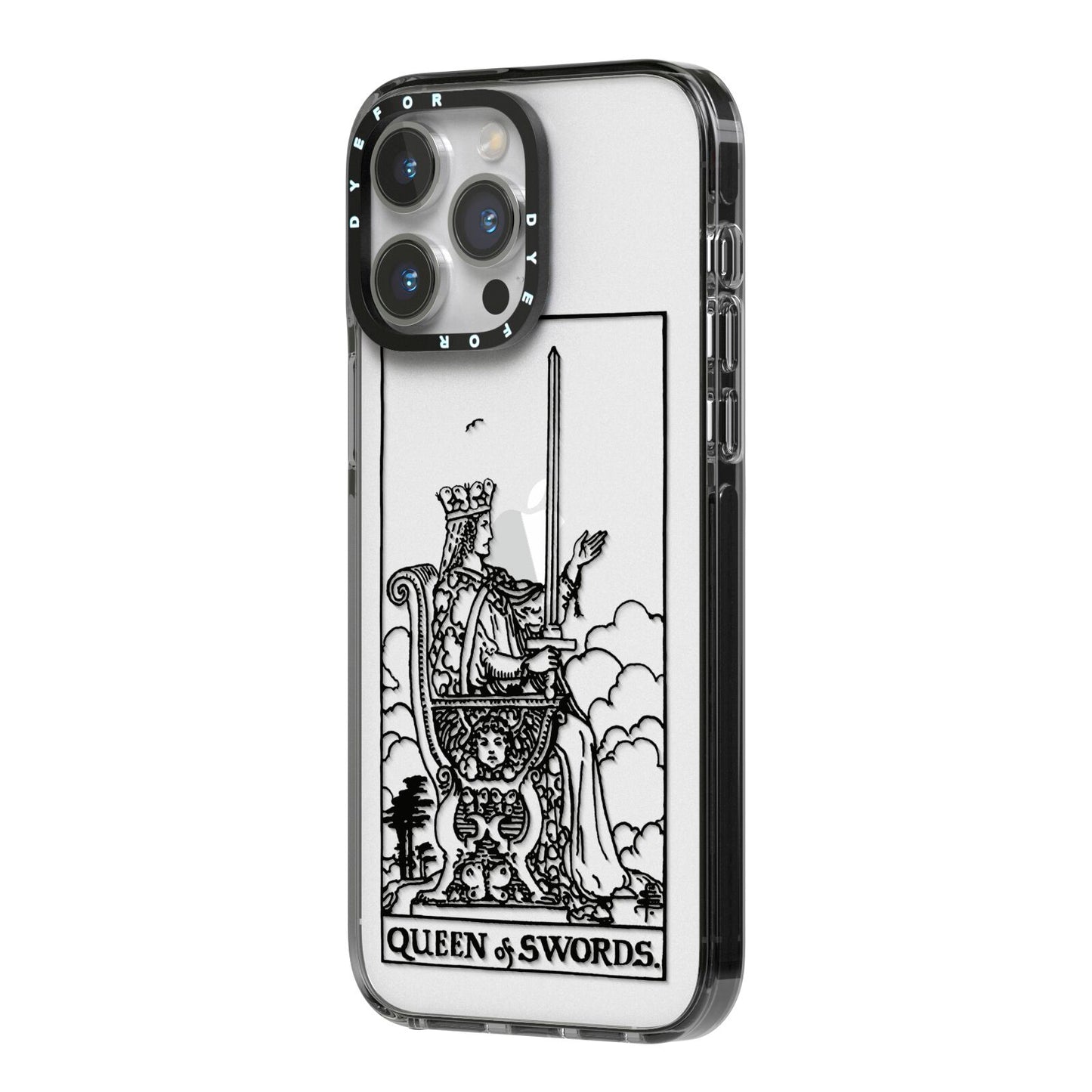 Queen of Swords Monochrome iPhone 14 Pro Max Black Impact Case Side Angle on Silver phone
