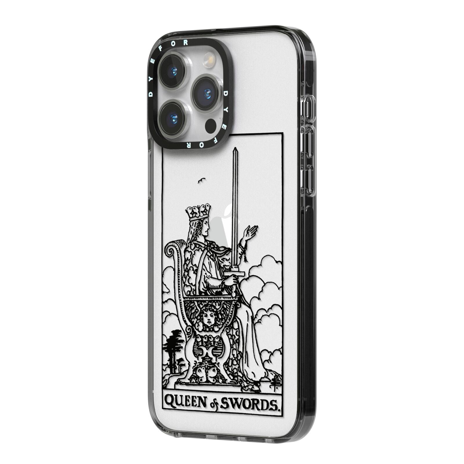 Queen of Swords Monochrome iPhone 14 Pro Max Black Impact Case Side Angle on Silver phone