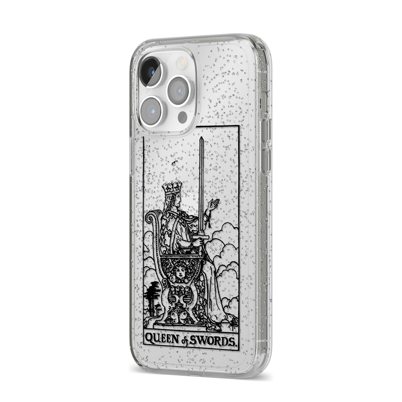 Queen of Swords Monochrome iPhone 14 Pro Max Glitter Tough Case Silver Angled Image