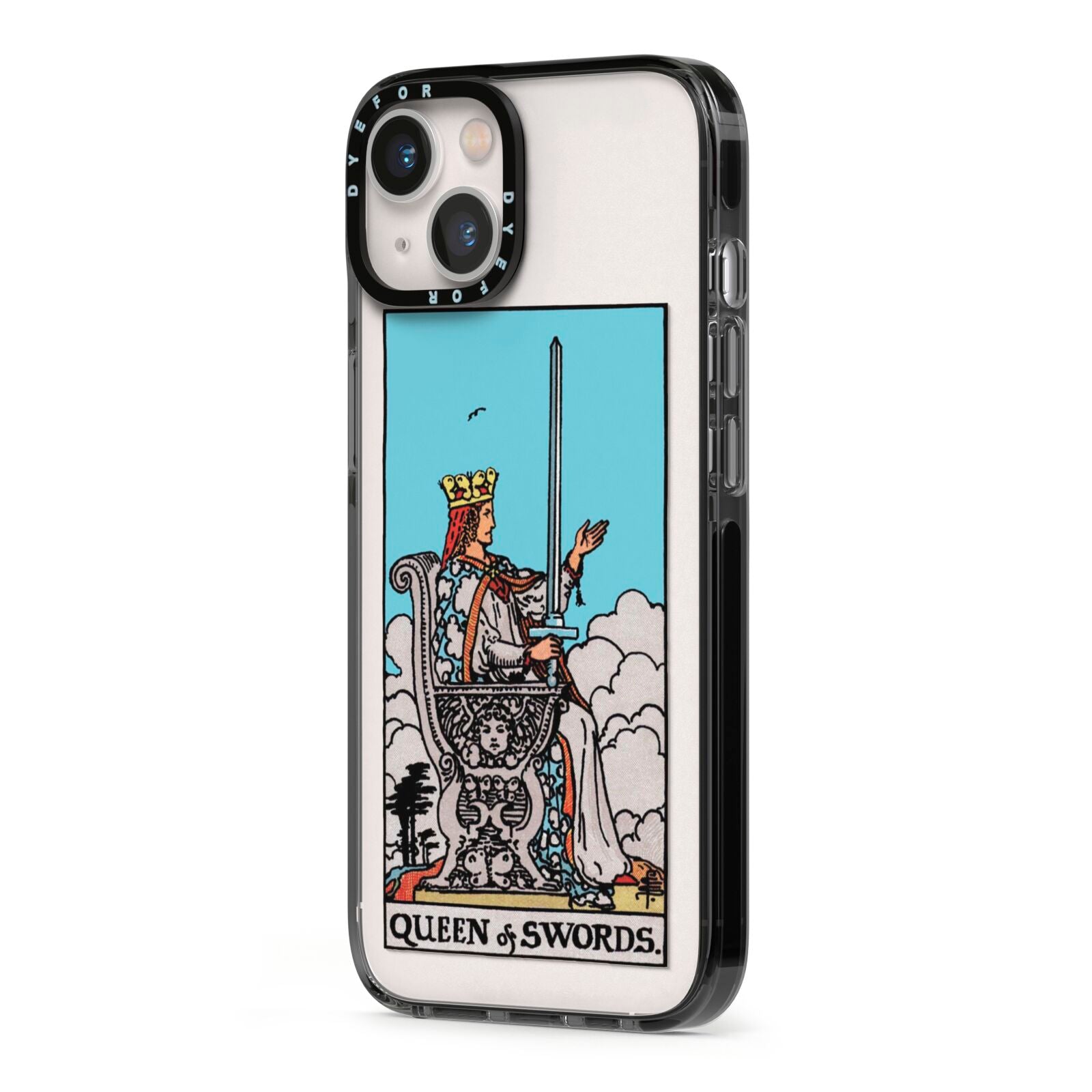 Queen of Swords Tarot Card iPhone 13 Black Impact Case Side Angle on Silver phone