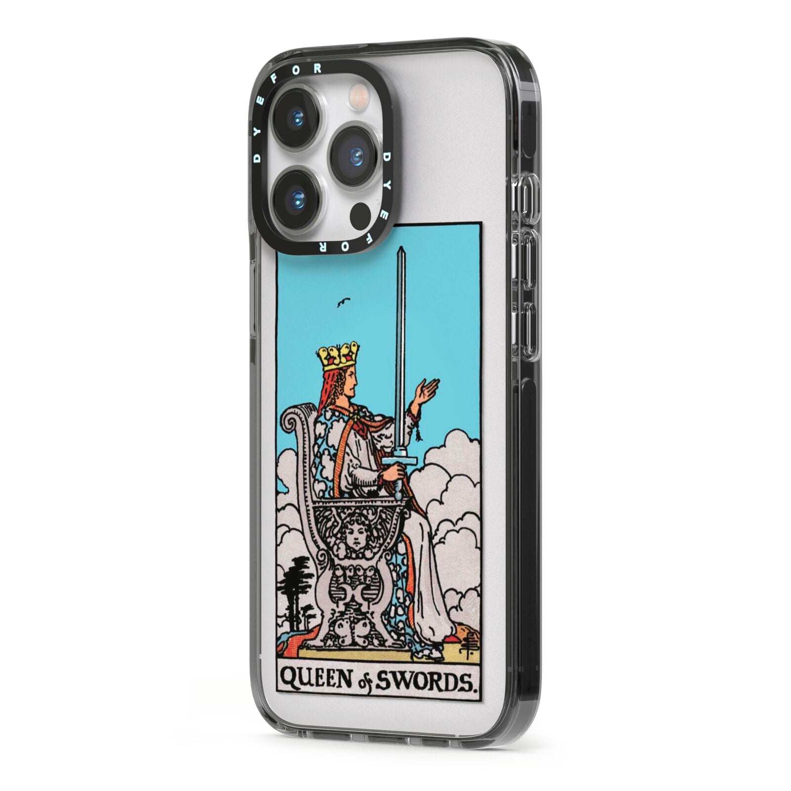 Queen of Swords Tarot Card iPhone 13 Pro Black Impact Case Side Angle on Silver phone