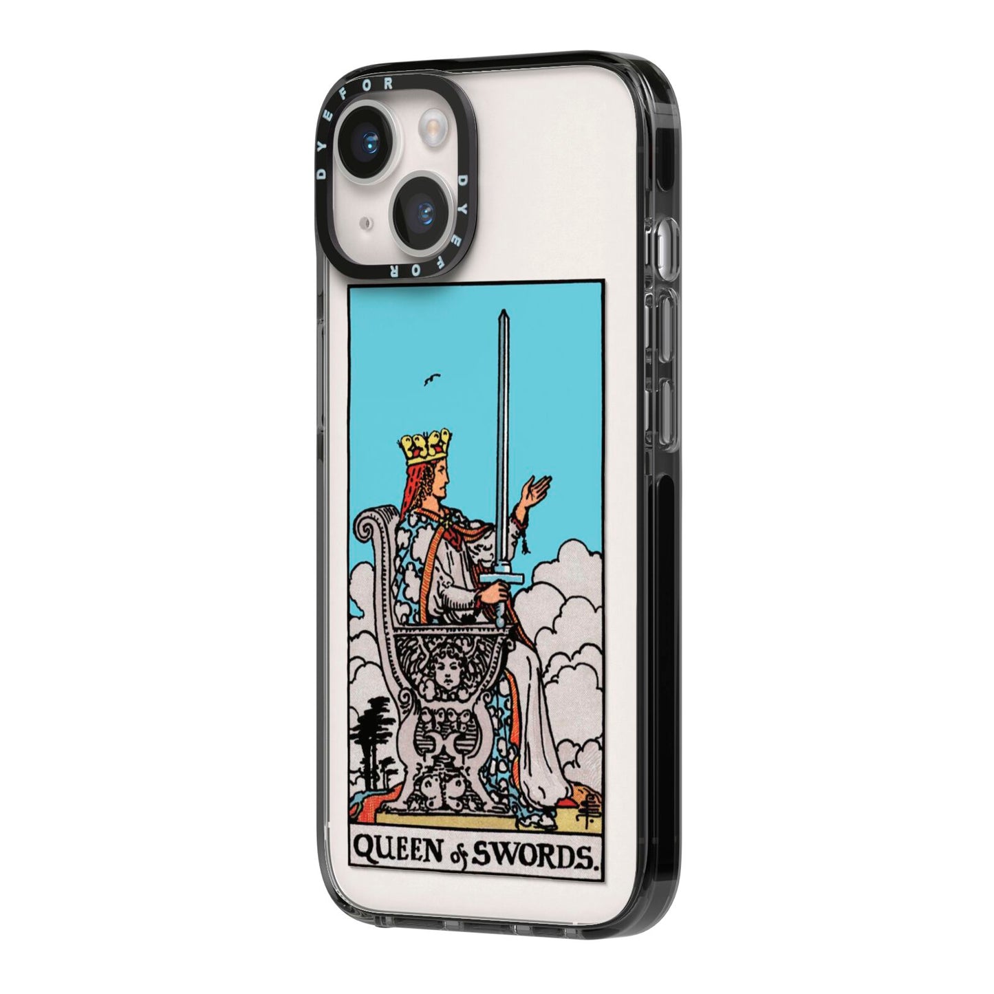 Queen of Swords Tarot Card iPhone 14 Black Impact Case Side Angle on Silver phone