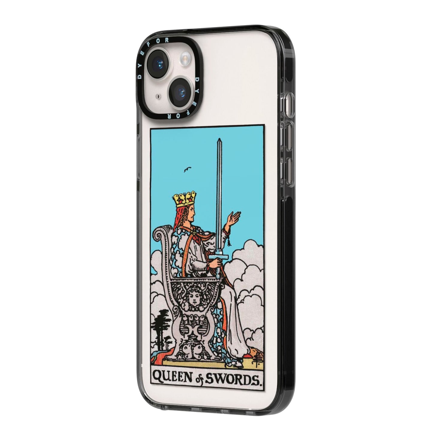 Queen of Swords Tarot Card iPhone 14 Plus Black Impact Case Side Angle on Silver phone