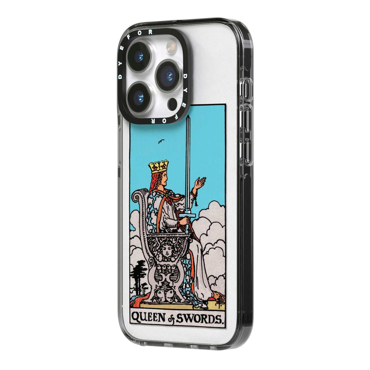 Queen of Swords Tarot Card iPhone 14 Pro Black Impact Case Side Angle on Silver phone