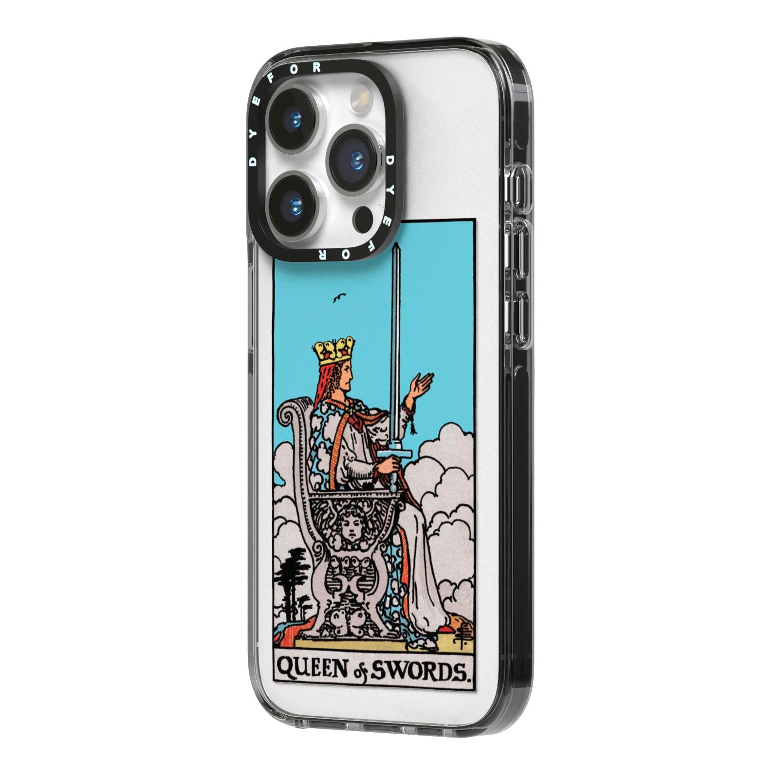 Queen of Swords Tarot Card iPhone 14 Pro Black Impact Case Side Angle on Silver phone
