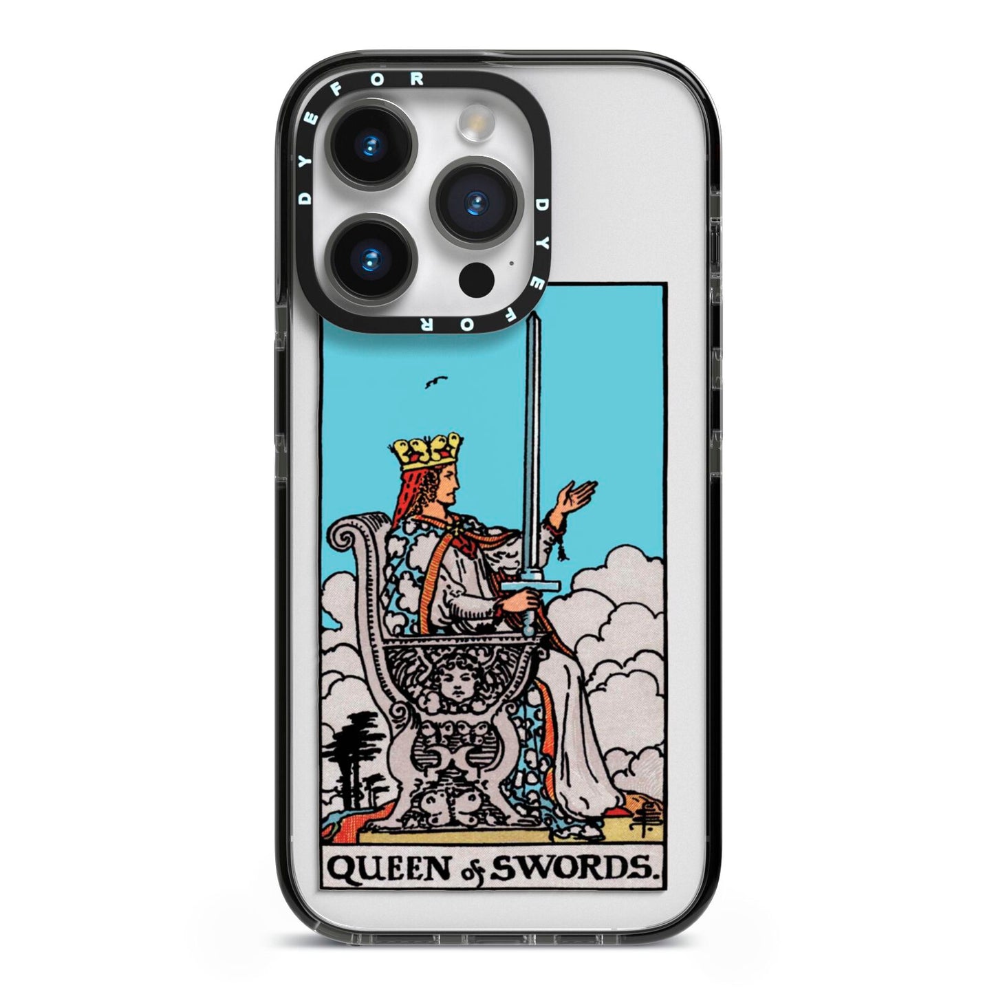 Queen of Swords Tarot Card iPhone 14 Pro Black Impact Case on Silver phone