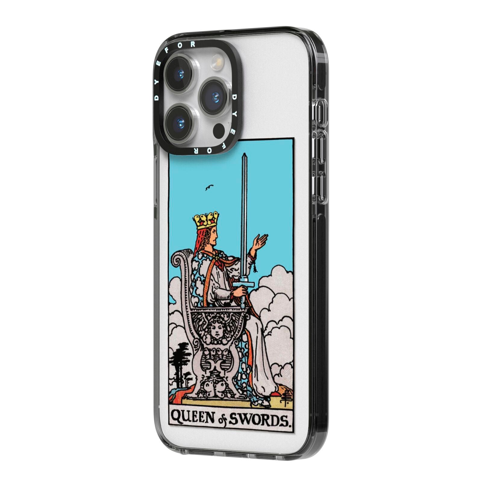 Queen of Swords Tarot Card iPhone 14 Pro Max Black Impact Case Side Angle on Silver phone