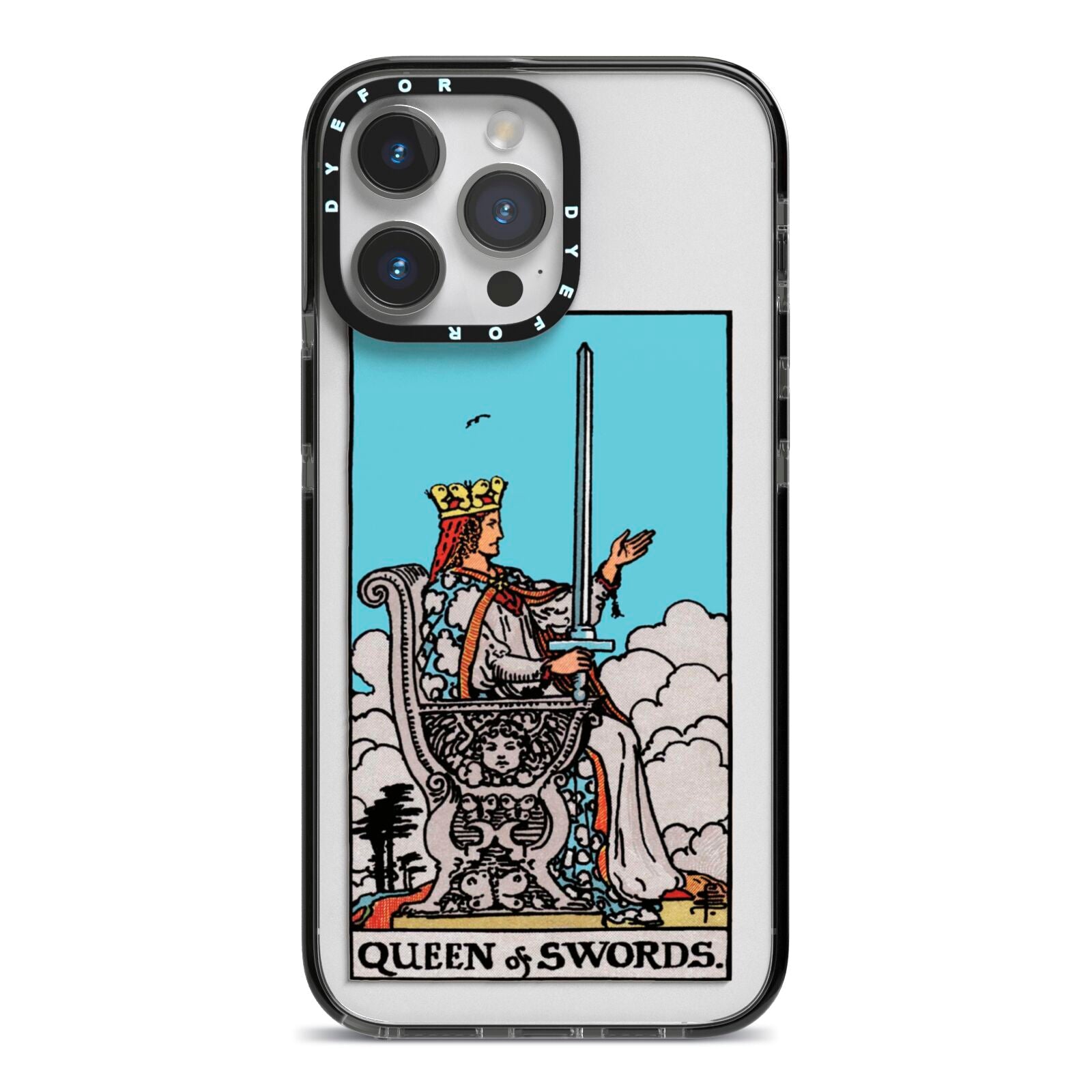 Queen of Swords Tarot Card iPhone 14 Pro Max Black Impact Case on Silver phone
