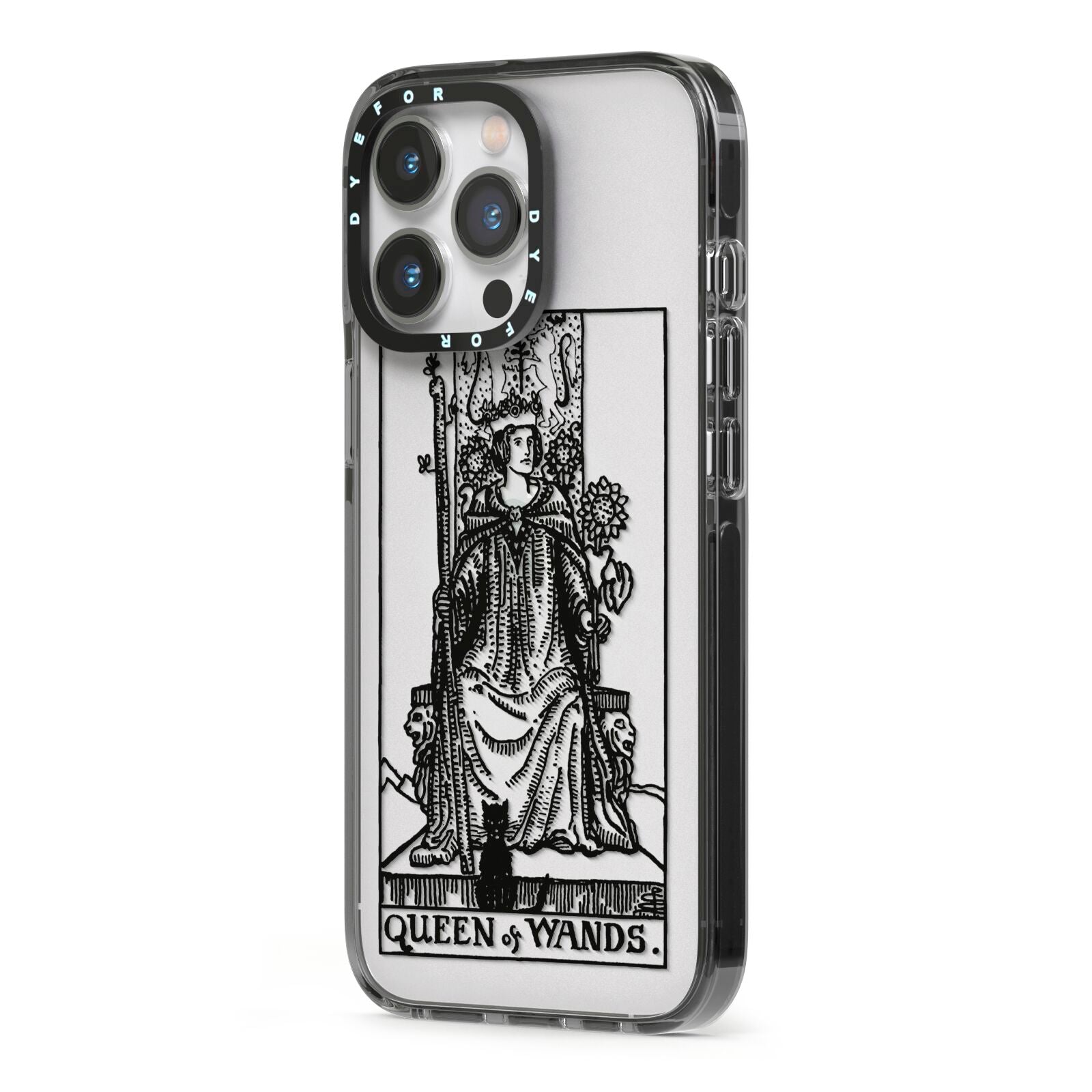 Queen of Wands Monochrome iPhone 13 Pro Black Impact Case Side Angle on Silver phone