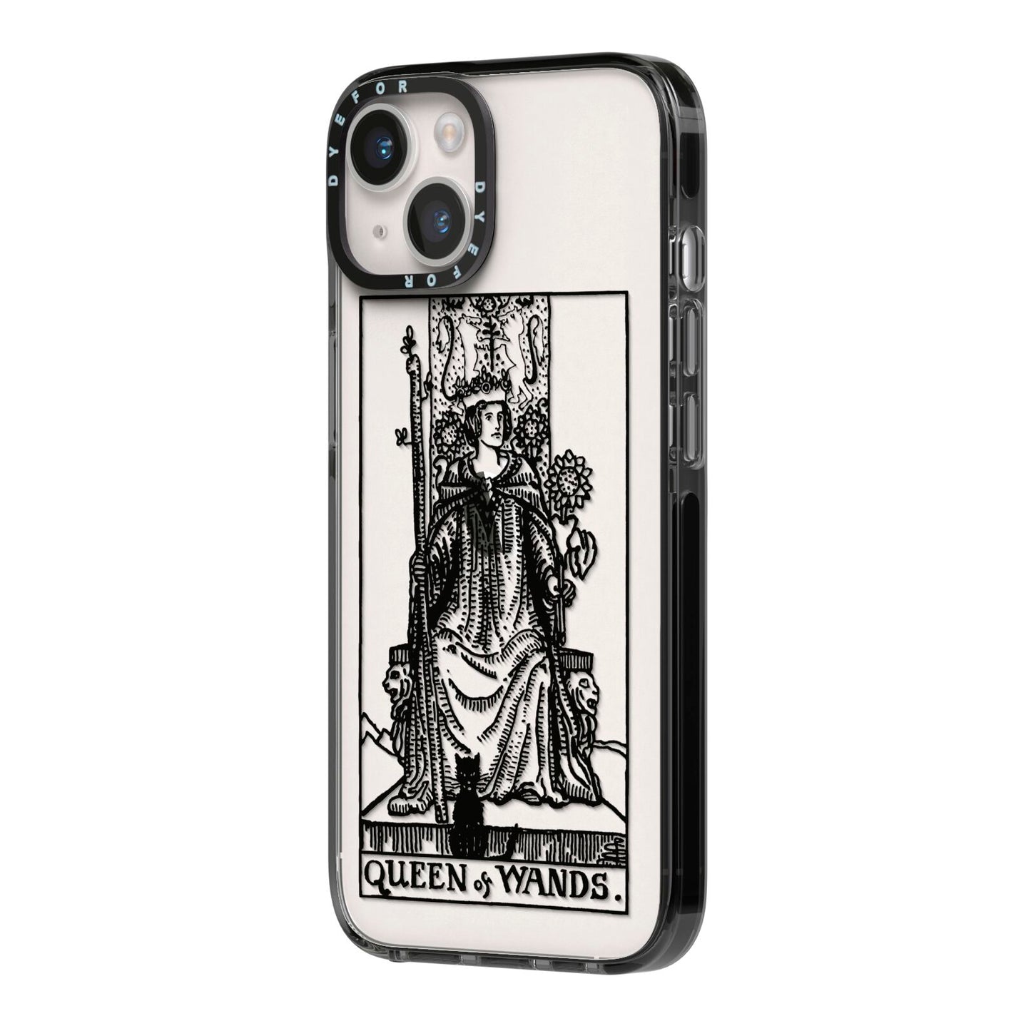Queen of Wands Monochrome iPhone 14 Black Impact Case Side Angle on Silver phone