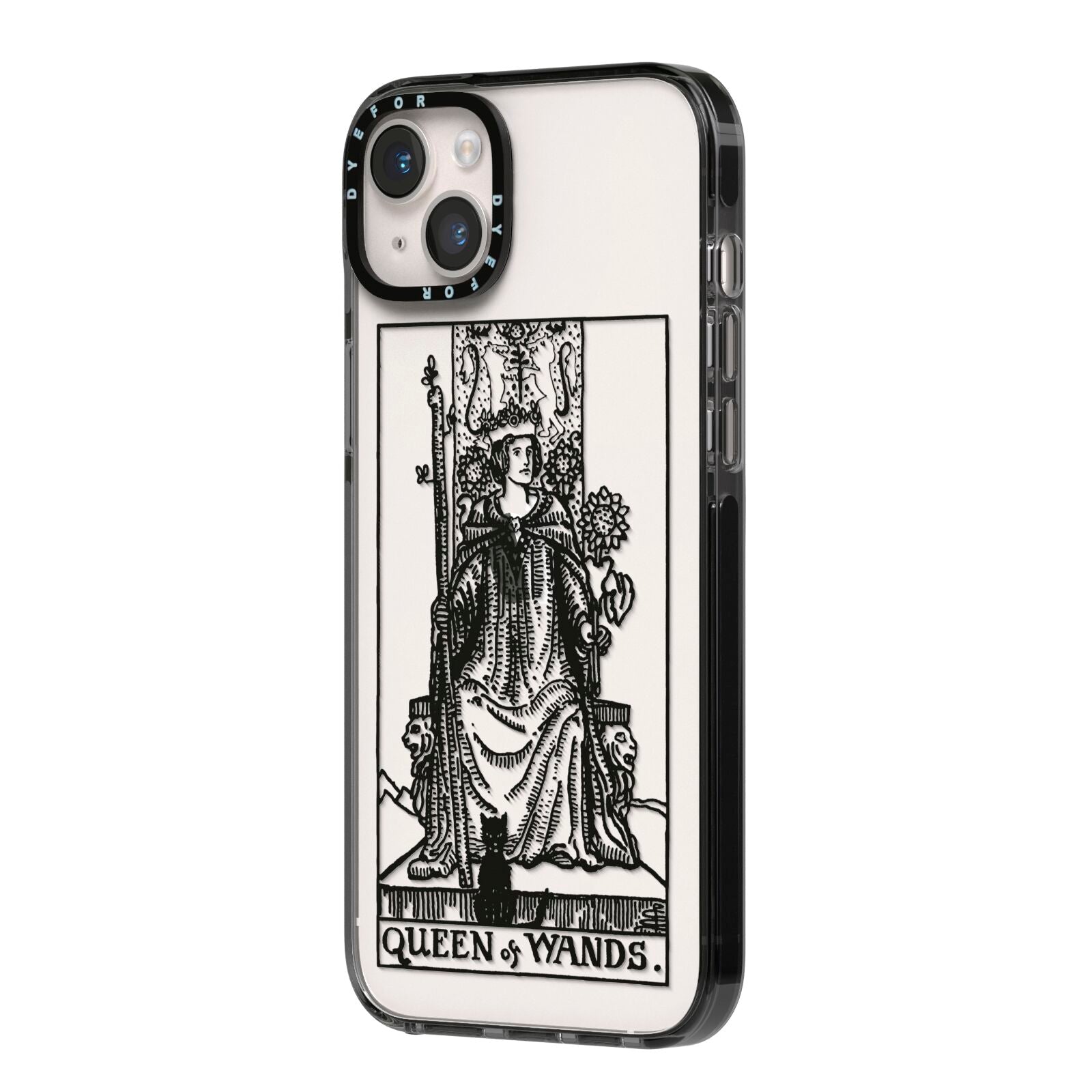 Queen of Wands Monochrome iPhone 14 Plus Black Impact Case Side Angle on Silver phone