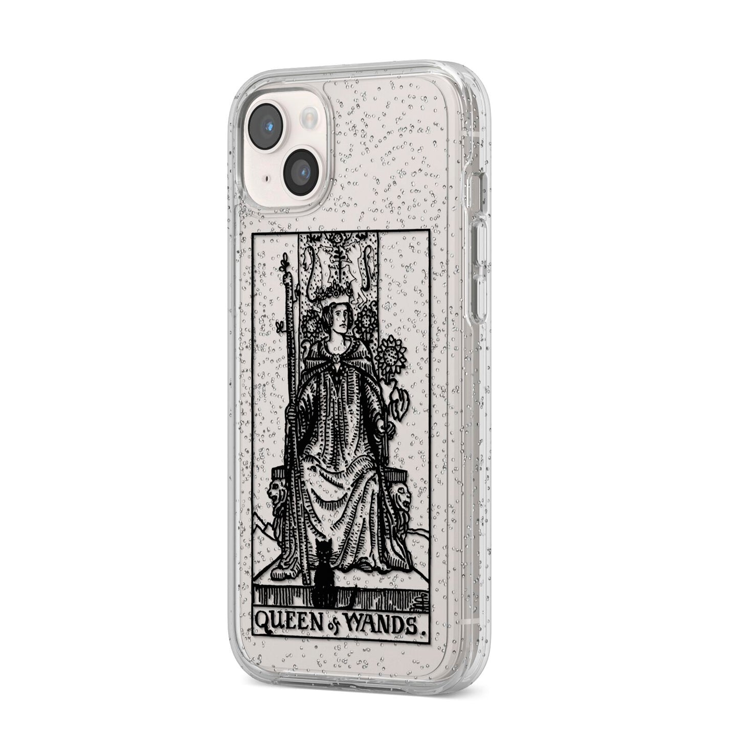 Queen of Wands Monochrome iPhone 14 Plus Glitter Tough Case Starlight Angled Image